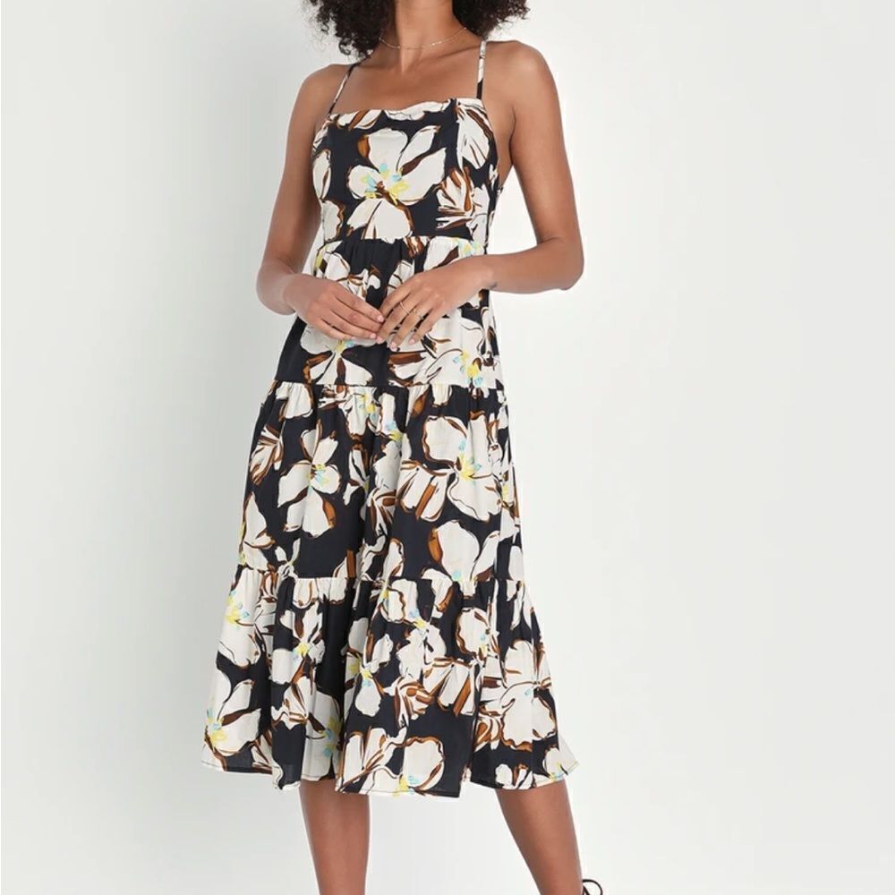 Bound for Bali Black Floral Backless Midi Dress With Pockets